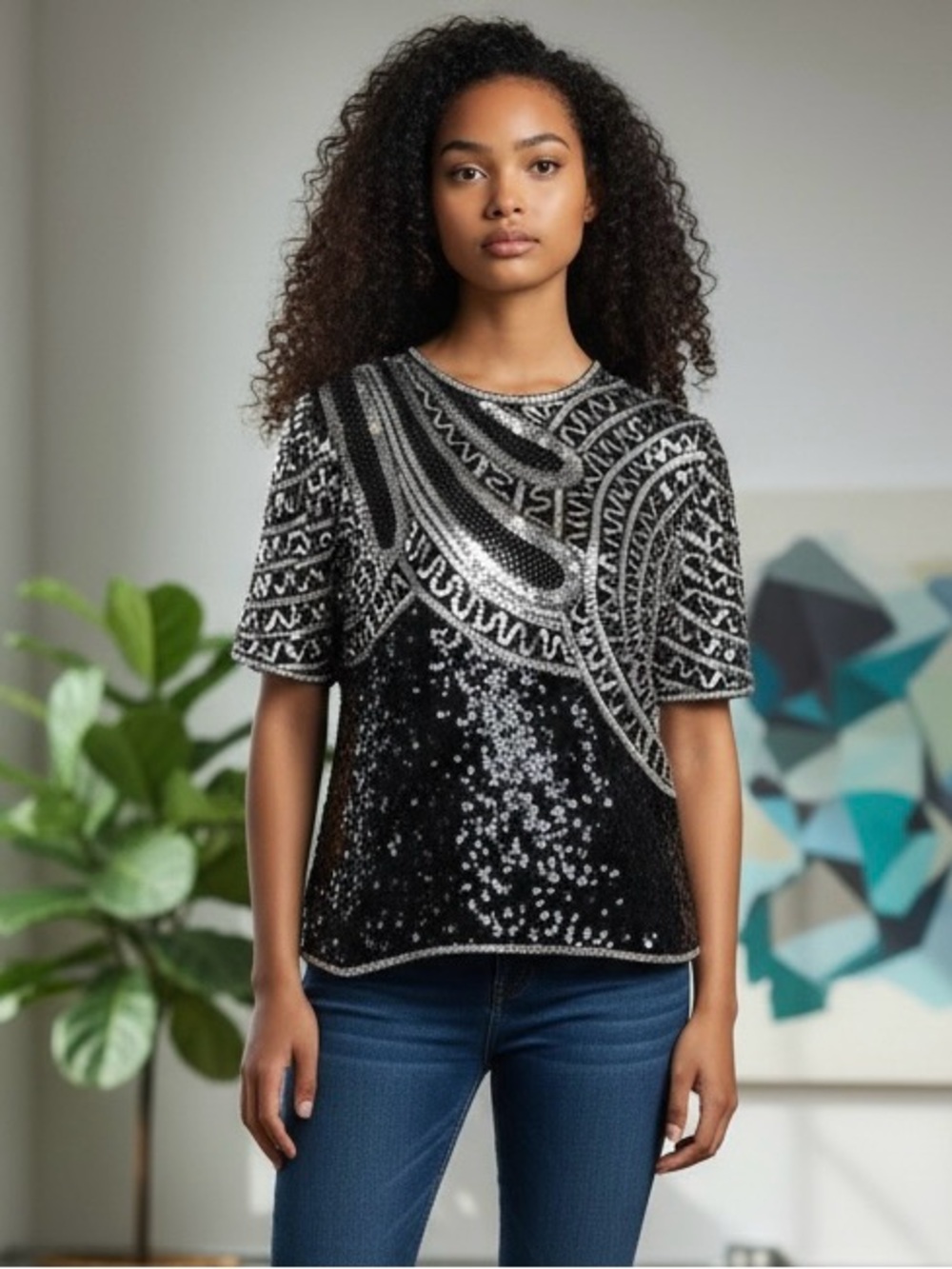 Laurence Kazar Trophy Top Silk Sequined 80’s Black & Silver VTG Holiday Party